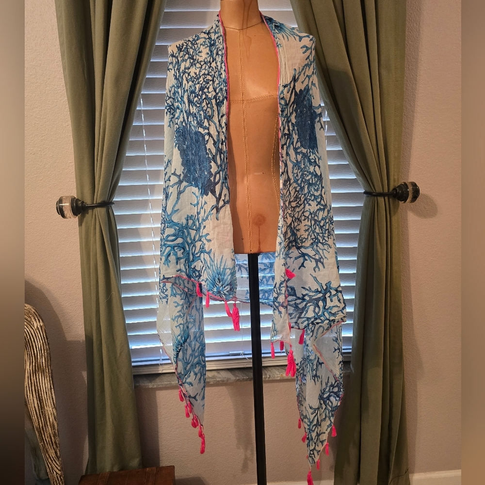 Debbie Katz South Beach Blue Coral Print Beach Wrap with Pink Tassels